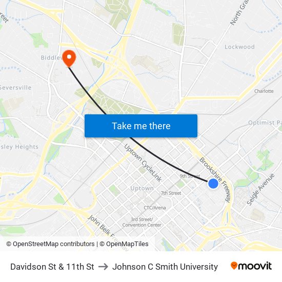 Davidson St & 11th St to Johnson C Smith University map