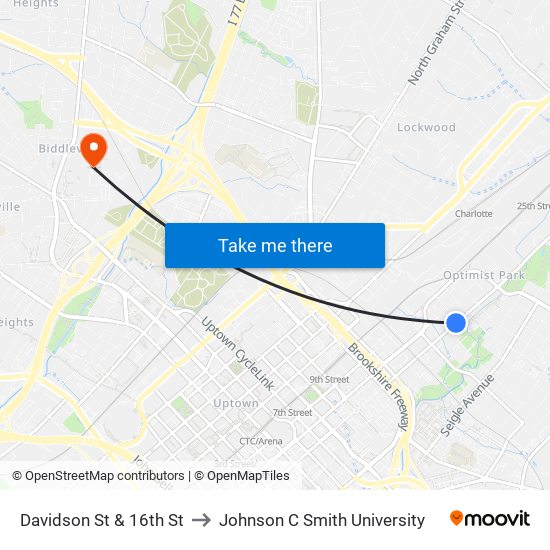 Davidson St & 16th St to Johnson C Smith University map