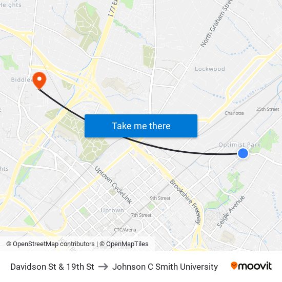 Davidson St & 19th St to Johnson C Smith University map