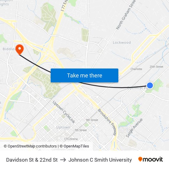 Davidson St & 22nd St to Johnson C Smith University map