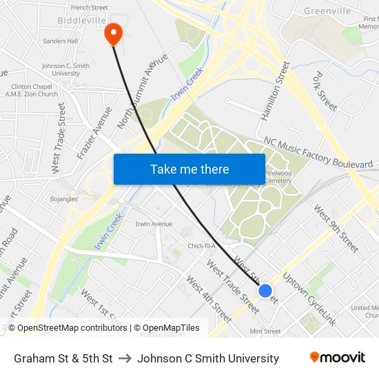 Graham St & 5th St to Johnson C Smith University map