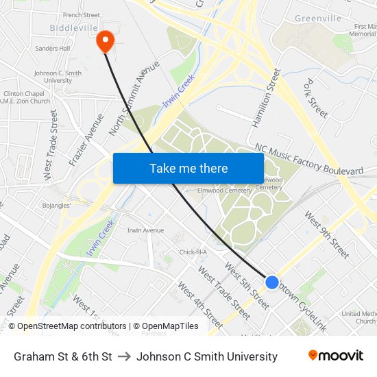 Graham St & 6th St to Johnson C Smith University map