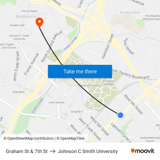 Graham St & 7th St to Johnson C Smith University map