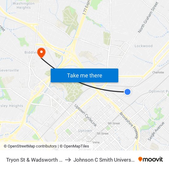 Tryon St & Wadsworth Pl to Johnson C Smith University map