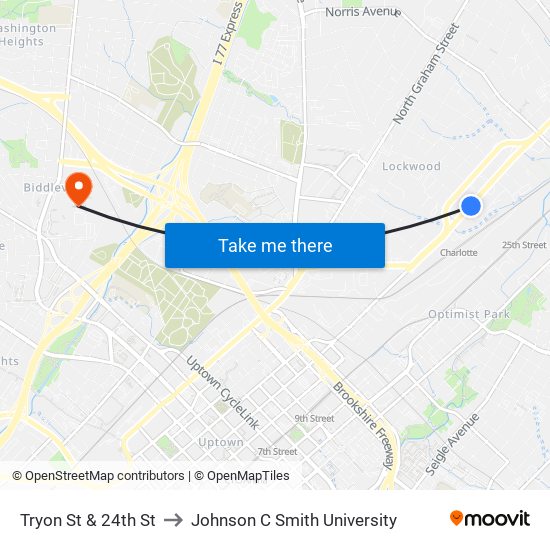 Tryon St & 24th St to Johnson C Smith University map