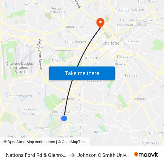 Nations Ford Rd & Glenrock Dr to Johnson C Smith University map