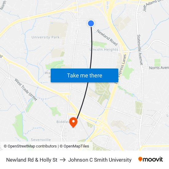 Newland Rd & Holly St to Johnson C Smith University map