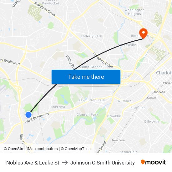 Nobles Ave & Leake St to Johnson C Smith University map