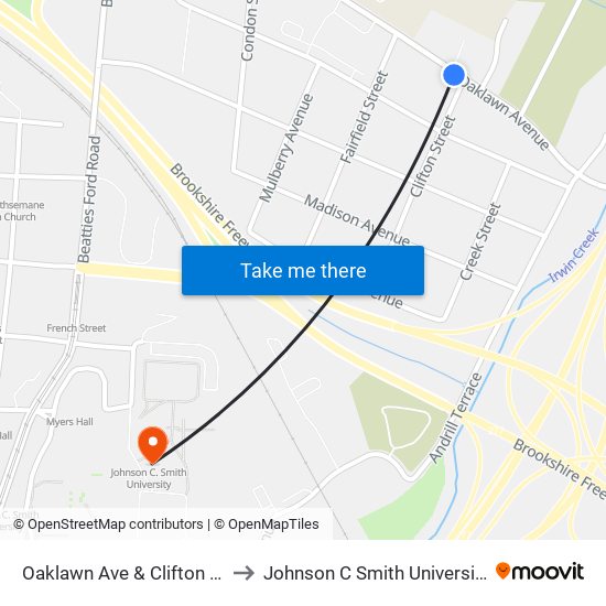 Oaklawn Ave & Clifton St to Johnson C Smith University map