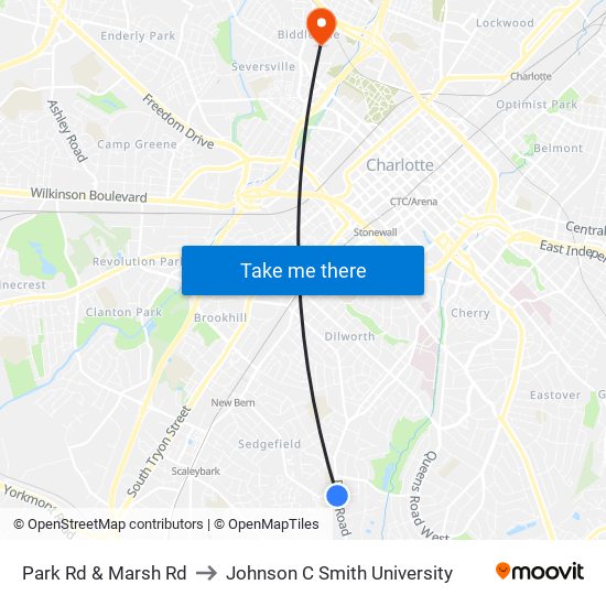 Park Rd & Marsh Rd to Johnson C Smith University map