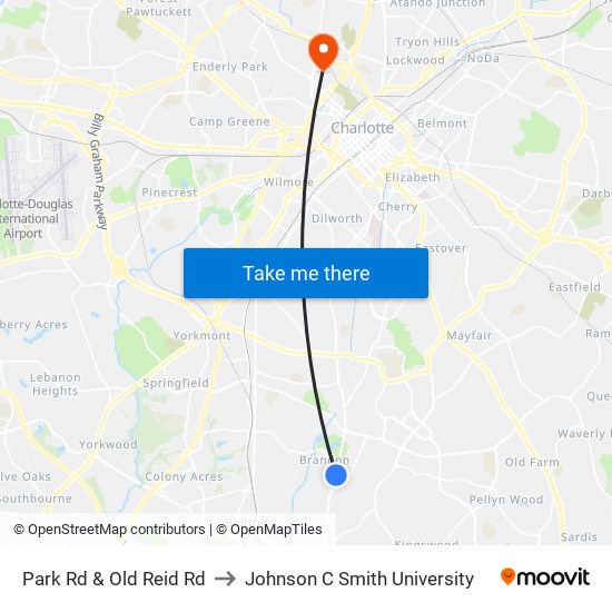 Park Rd & Old Reid Rd to Johnson C Smith University map