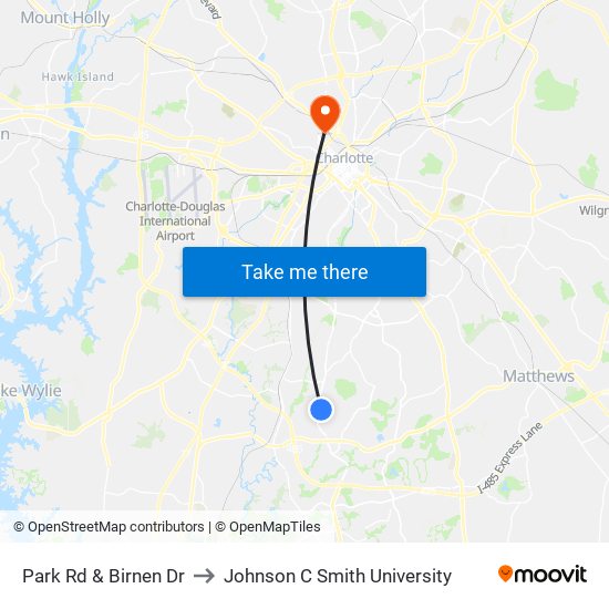 Park Rd & Birnen Dr to Johnson C Smith University map