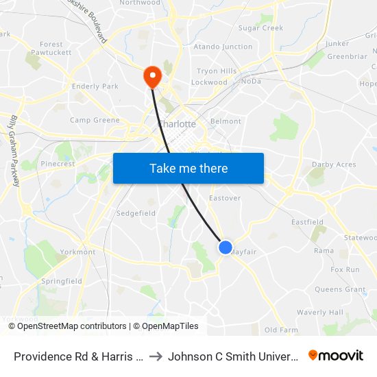 Providence Rd & Harris Rd to Johnson C Smith University map