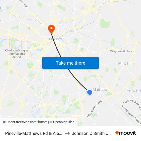 Pineville-Matthews Rd & Alexander Rd to Johnson C Smith University map