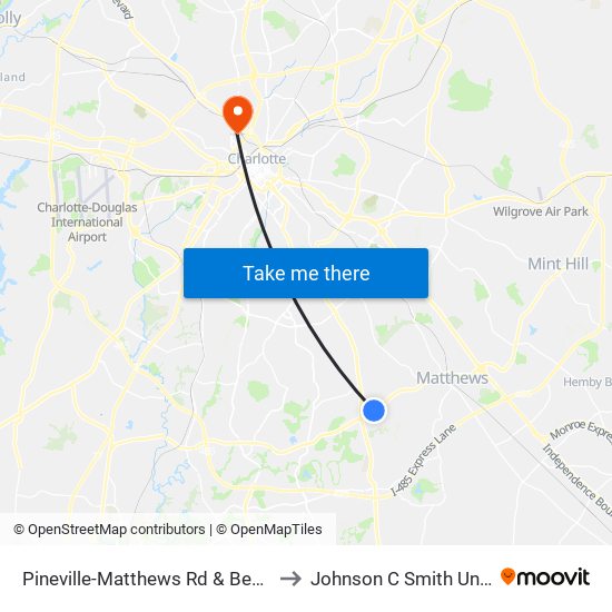 Pineville-Matthews Rd & Beckmore Pl to Johnson C Smith University map