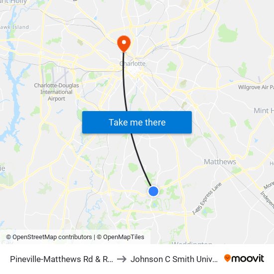 Pineville-Matthews Rd & Rea Rd to Johnson C Smith University map