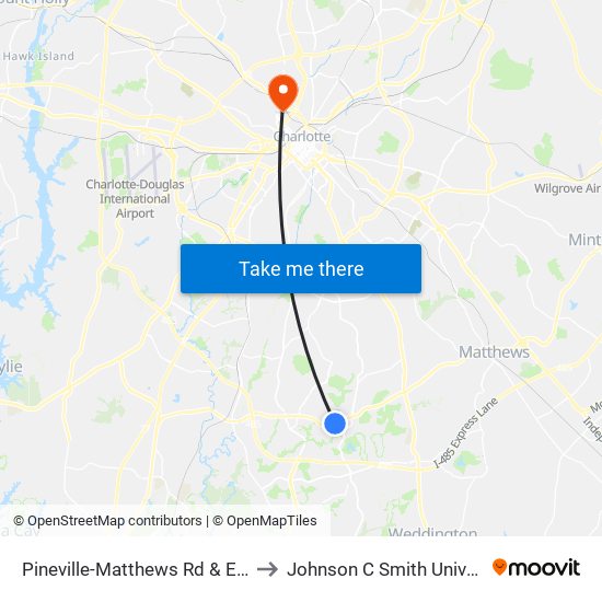 Pineville-Matthews Rd & Elm Ln to Johnson C Smith University map