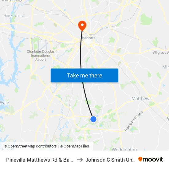 Pineville-Matthews Rd & Baybrook Ln to Johnson C Smith University map