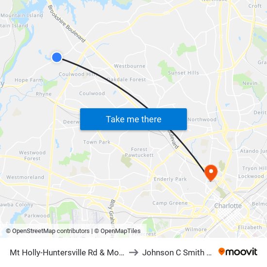 Mt Holly-Huntersville Rd & Mountain Aire Cir to Johnson C Smith University map