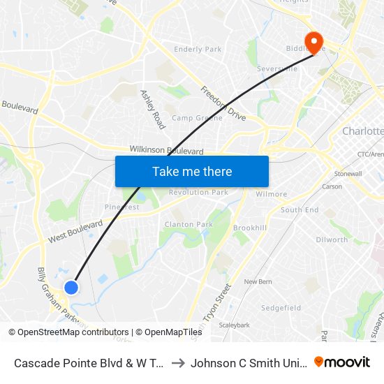 Cascade Pointe Blvd & W Tyvola Rd to Johnson C Smith University map