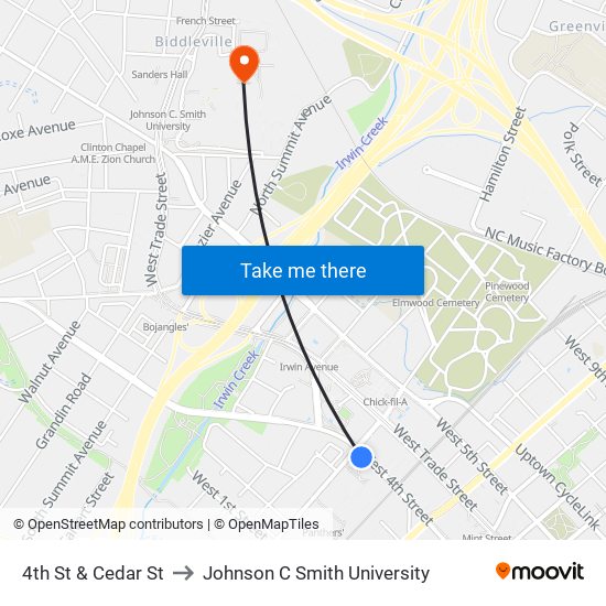 4th St & Cedar St to Johnson C Smith University map