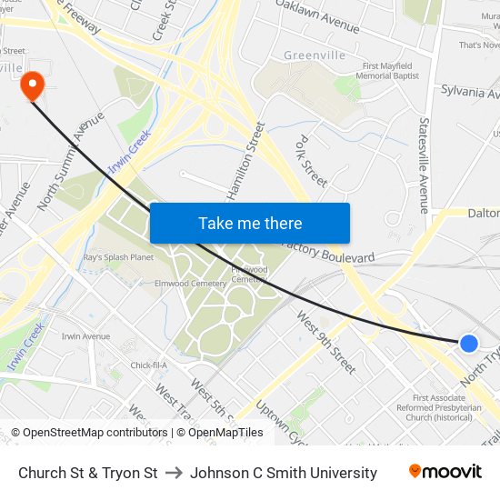 Church St & Tryon St to Johnson C Smith University map