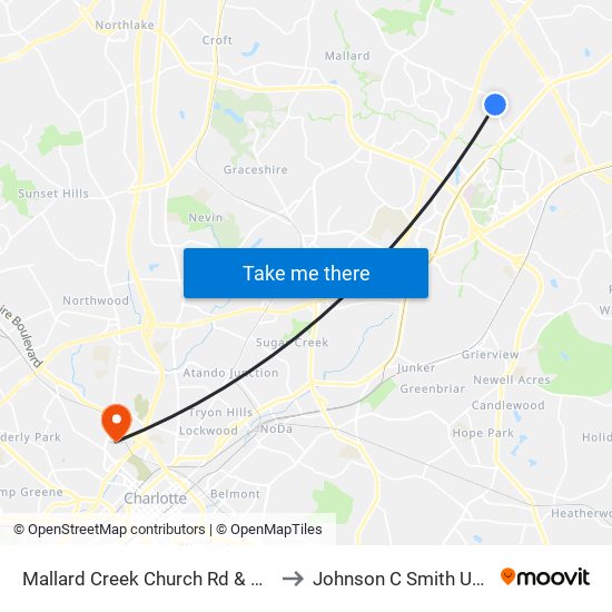 Mallard Creek Church Rd & Pinnacle Dr to Johnson C Smith University map