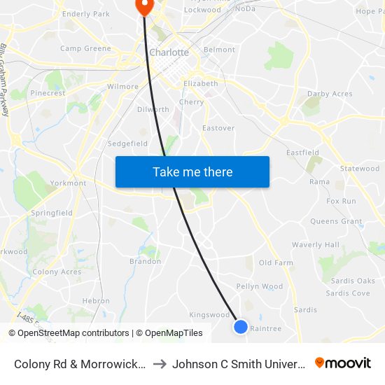 Colony Rd & Morrowick Rd to Johnson C Smith University map