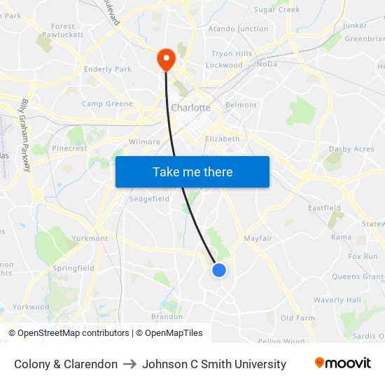 Colony & Clarendon to Johnson C Smith University map