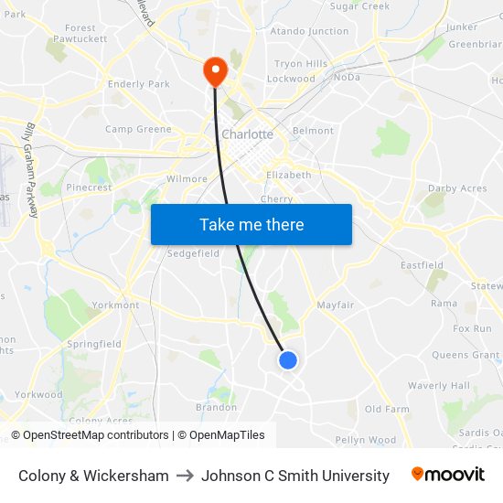 Colony & Wickersham to Johnson C Smith University map