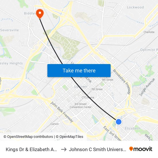 Kings Dr & Elizabeth Ave. to Johnson C Smith University map