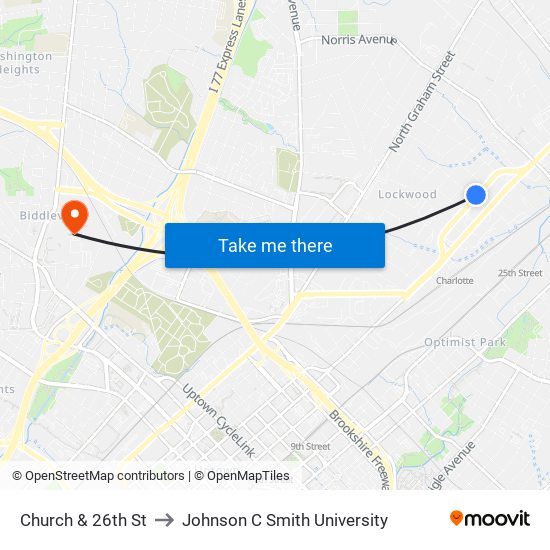 Church & 26th St to Johnson C Smith University map