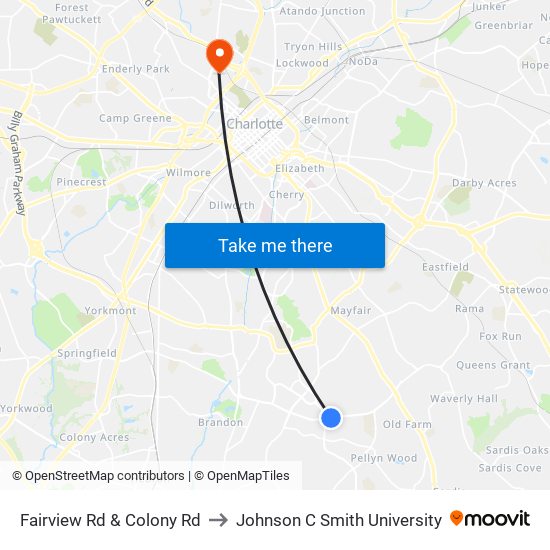 Fairview Rd & Colony Rd to Johnson C Smith University map