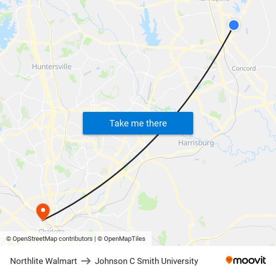 Northlite Walmart to Johnson C Smith University map