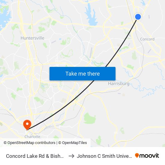 Concord Lake Rd & Bishop Ln to Johnson C Smith University map