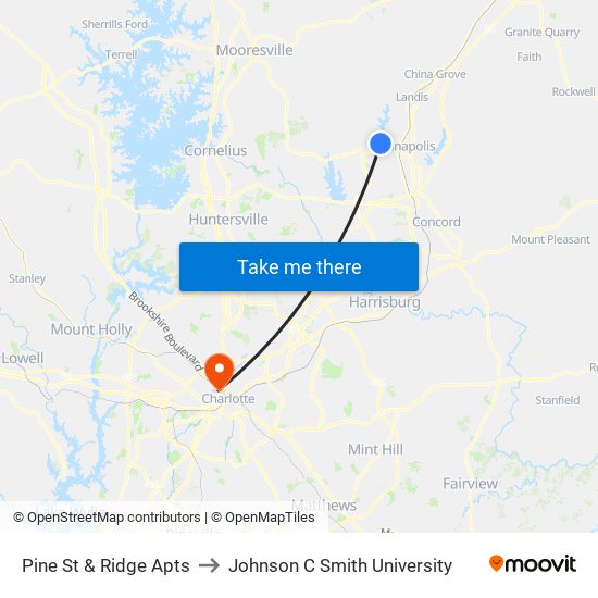 Pine St & Ridge Apts to Johnson C Smith University map