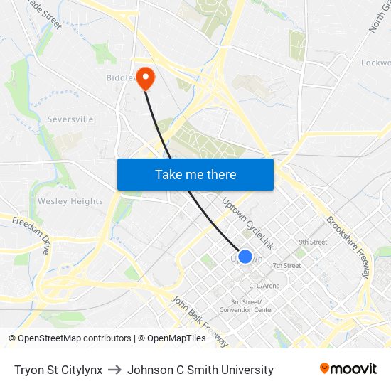 Tryon St Citylynx to Johnson C Smith University map