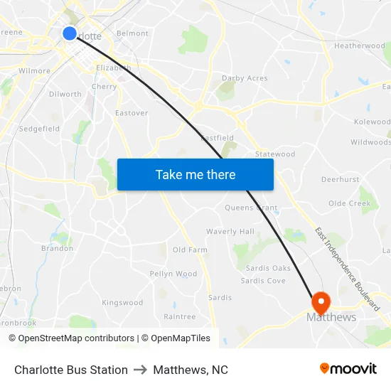 Charlotte Bus Station to Matthews, NC map