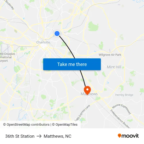 36th St Station to Matthews, NC map