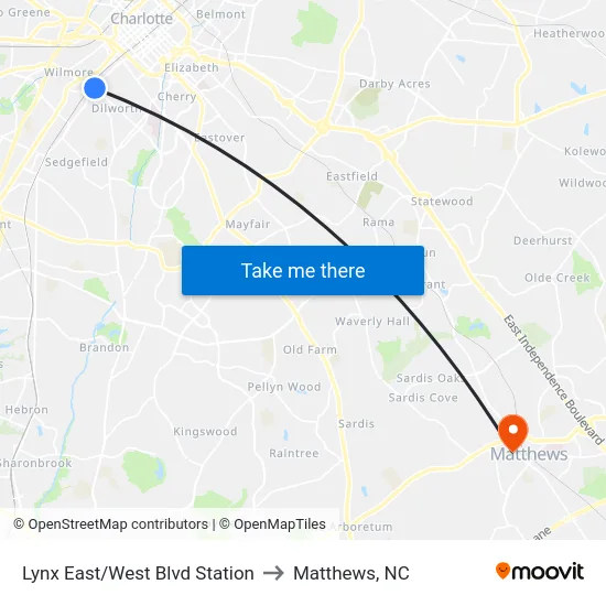 Lynx East/West Blvd Station to Matthews, NC map