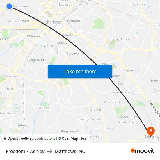 Freedom / Ashley to Matthews, NC map