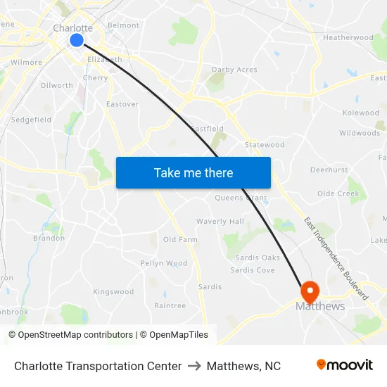 Charlotte Transportation Center to Matthews, NC map