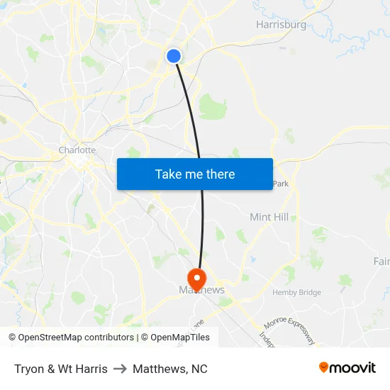 Tryon & Wt Harris to Matthews, NC map