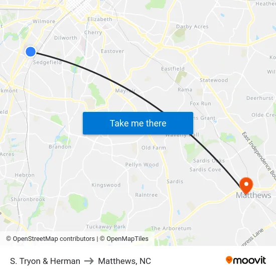 S. Tryon & Herman to Matthews, NC map