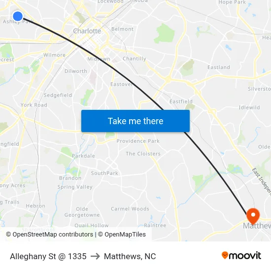 Alleghany St @ 1335 to Matthews, NC map