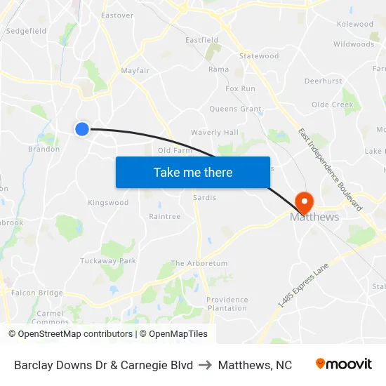Barclay Downs Dr & Carnegie Blvd to Matthews, NC map
