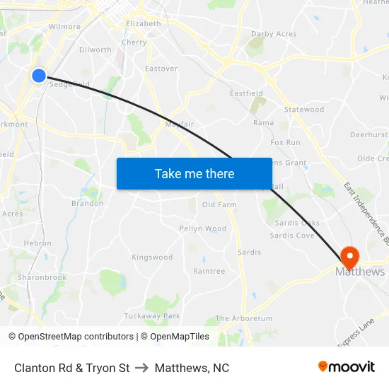 Clanton Rd & Tryon St to Matthews, NC map