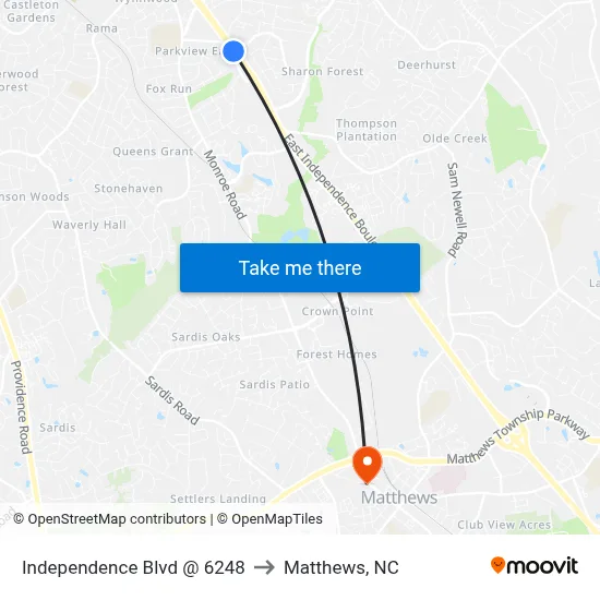 Independence Blvd @ 6248 to Matthews, NC map