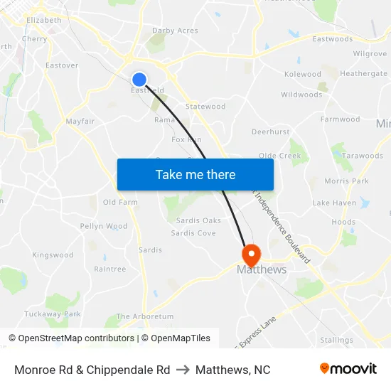 Monroe Rd & Chippendale Rd to Matthews, NC map