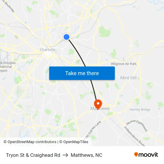 Tryon St & Craighead Rd to Matthews, NC map